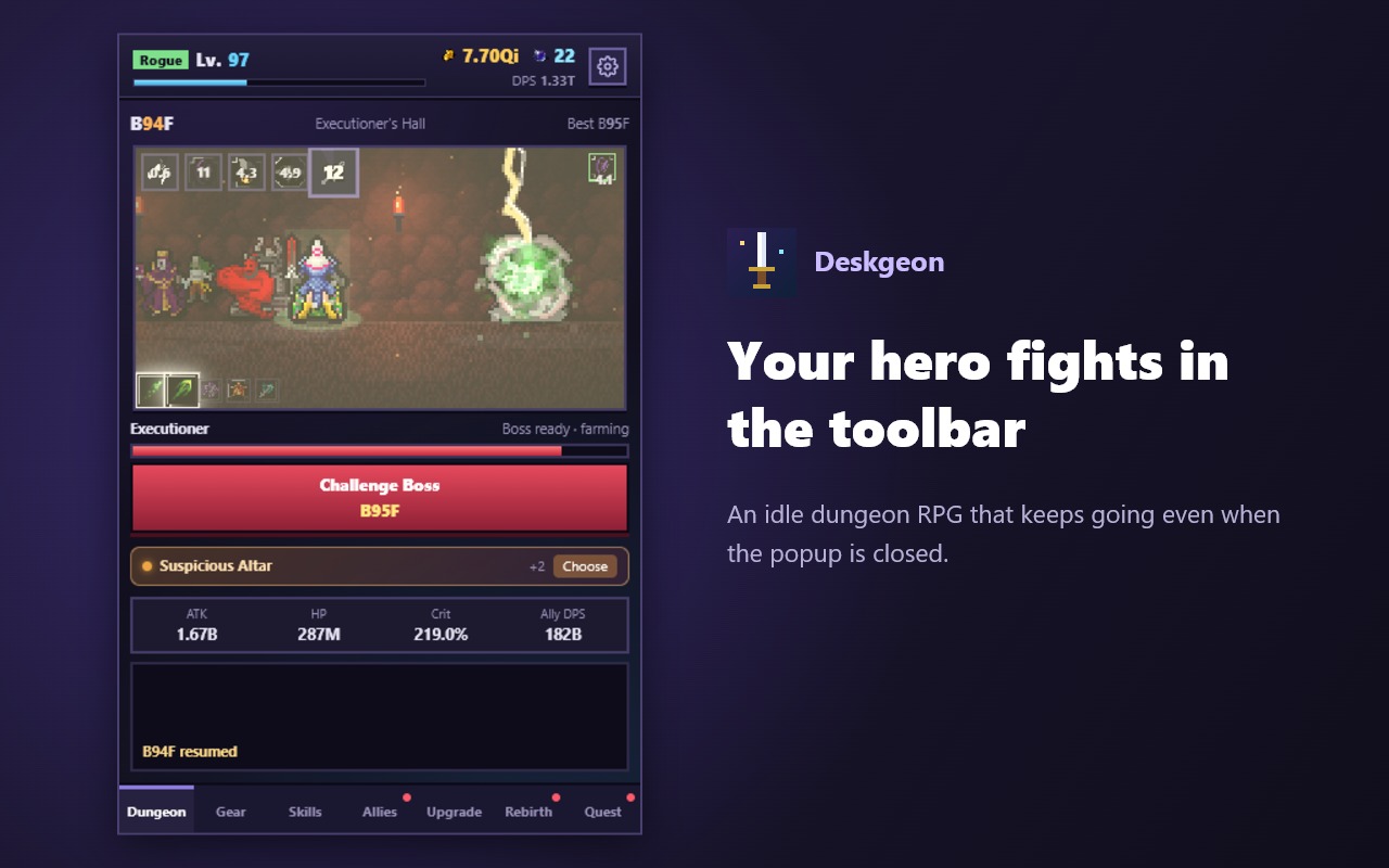 Deskgeon dungeon battle in the Chrome toolbar popup